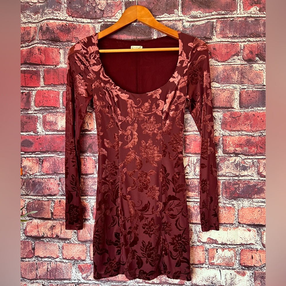 Free People Intimately Lotta Love Velvet Slip Dress Burgundy Burnout Mini